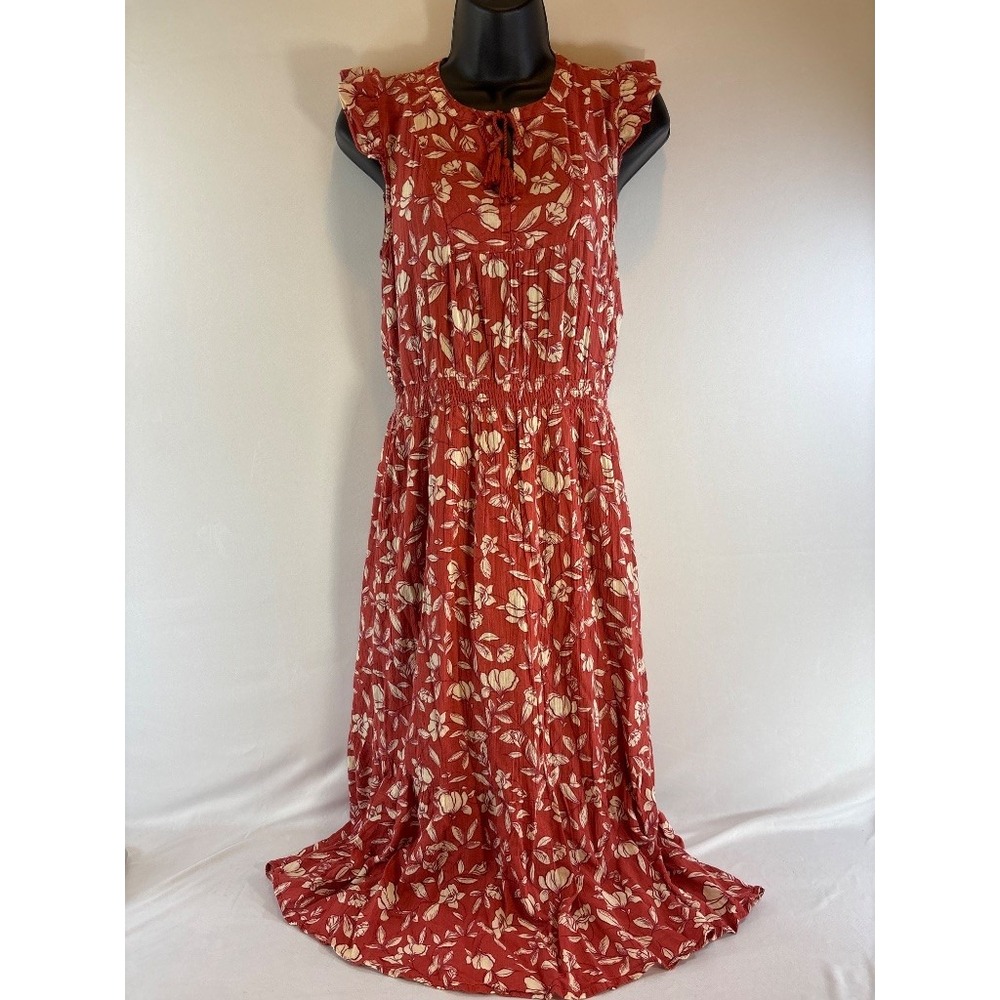 Floral Print Rust Red Maxi Dress Size S Boho Cottagecore Sleeveless